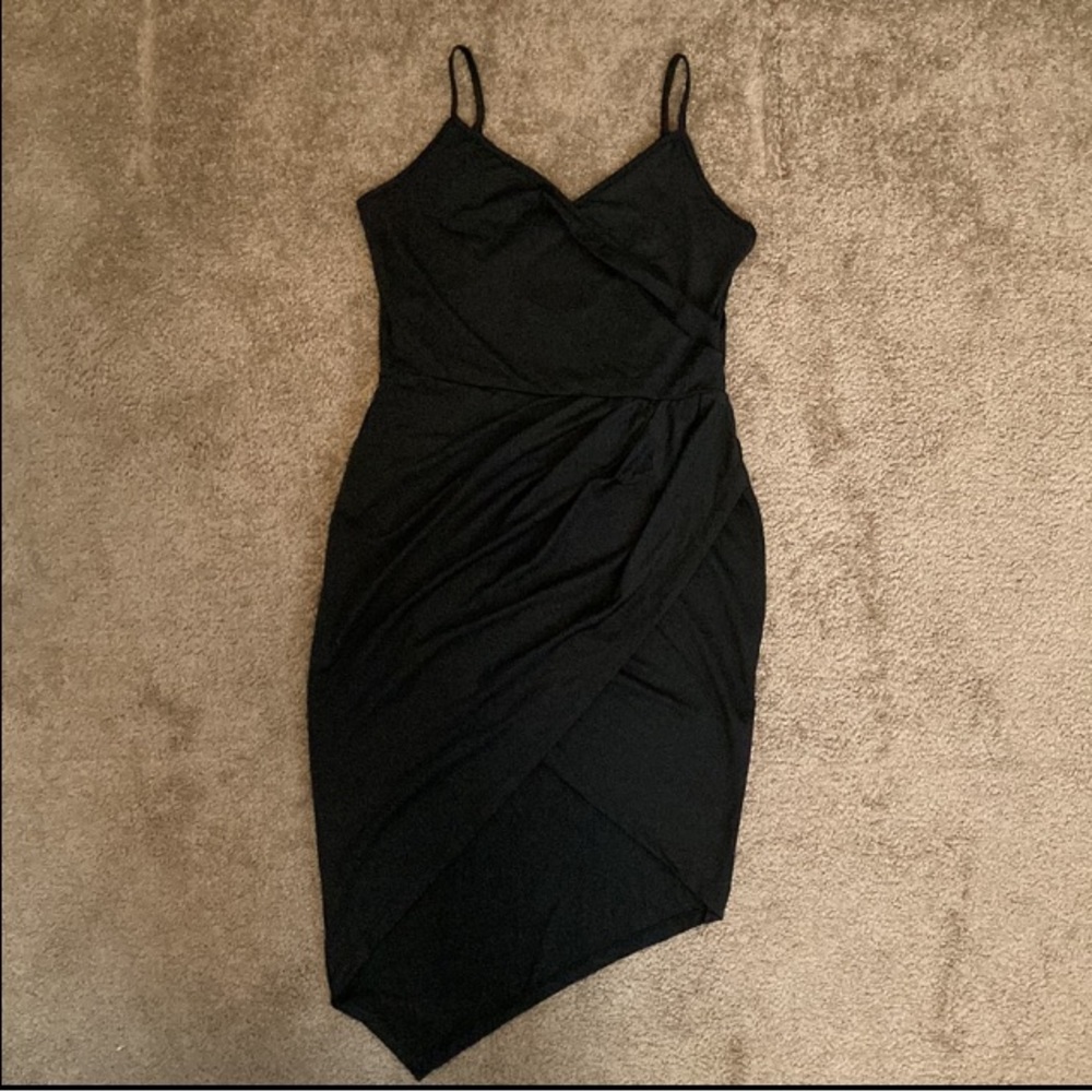 Black cocktail party asymmetrical dress with crisscross back, medium/large